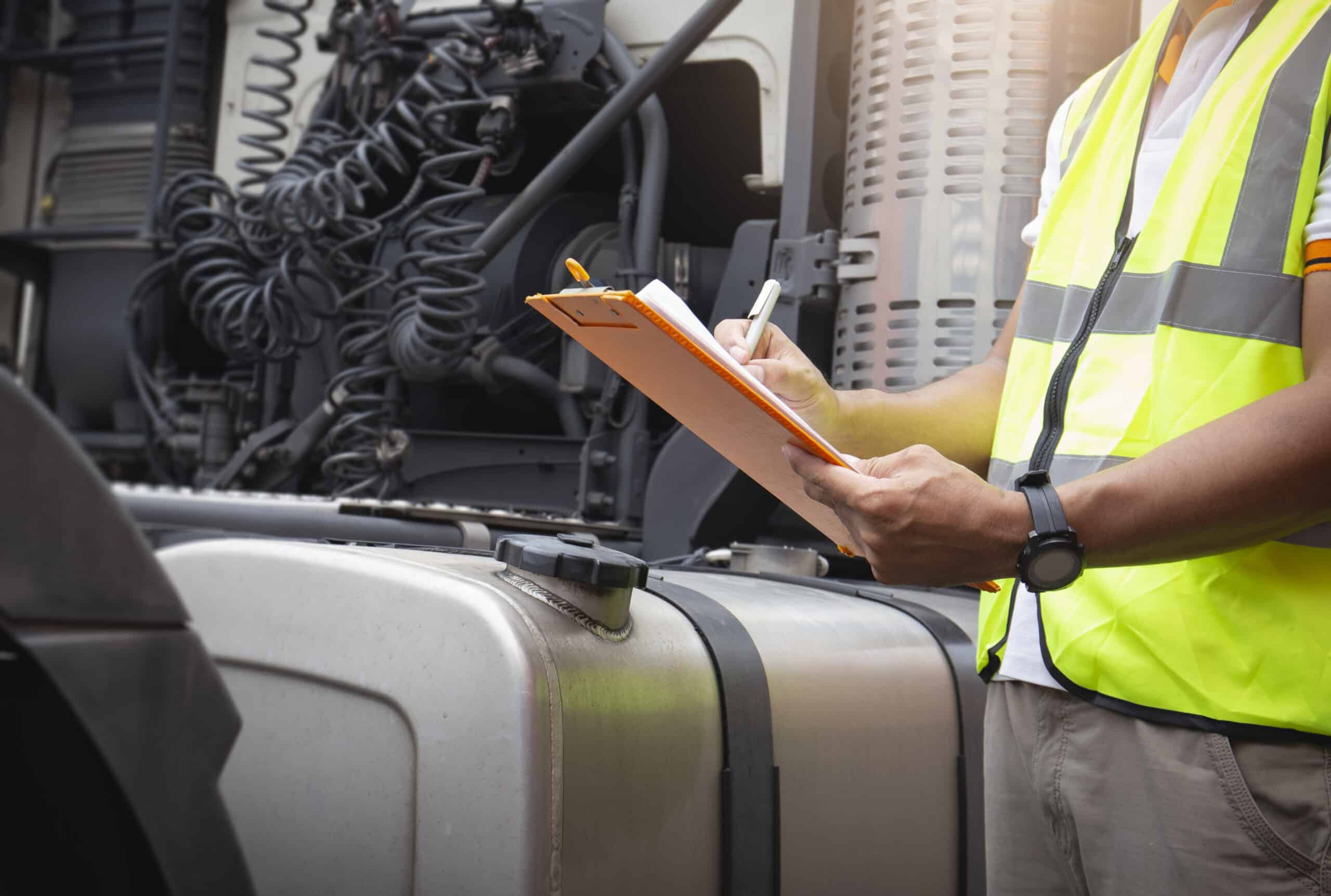 truck driver holding clipboard checking safety large fuel tank semi truck scaled